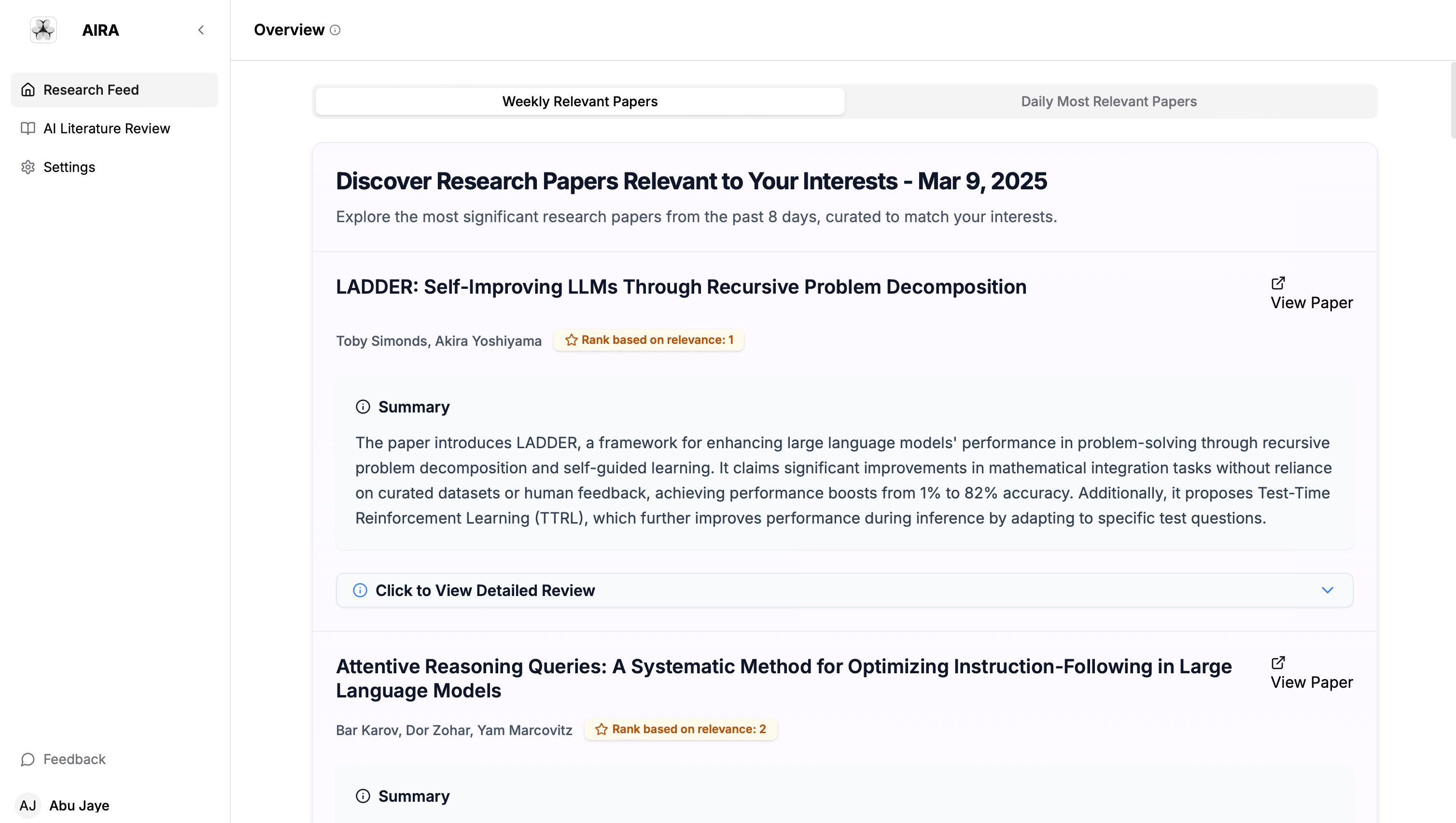 Research Feed screenshot